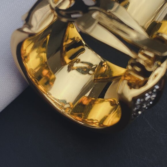 Vintage Swarovski Chunky Black Enamel Rhinestone Gold Half Hoop Clip Earrings - Picture 8 of 12